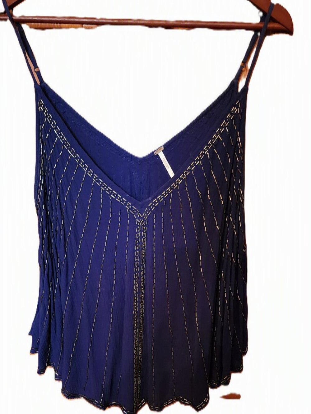 Free People Semi-Sheer Indigo Swing Cami with Gold Bugle Beads